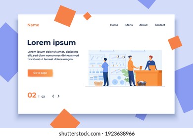 Tool shop customers. Men choosing instrument at showcase for painting or carpentry work, paying at checkout counter, consulting salesman. Vector illustration for hardware store, house repair concept