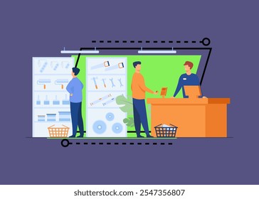 Tool shop customers. Men choosing instrument at showcase for painting or carpentry work, paying at checkout counter, consulting salesman. Vector illustration for hardware store, house repair concept