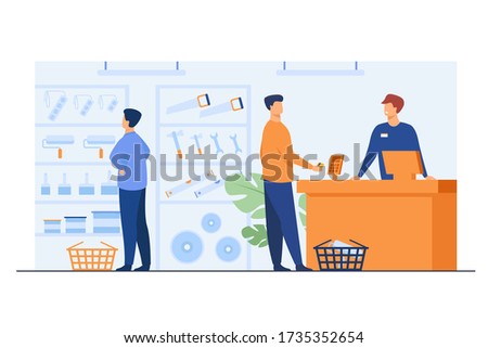 Tool shop customers. Men choosing instrument at showcase for painting or carpentry work, paying at checkout counter, consulting salesman. Vector illustration for hardware store, house repair concept