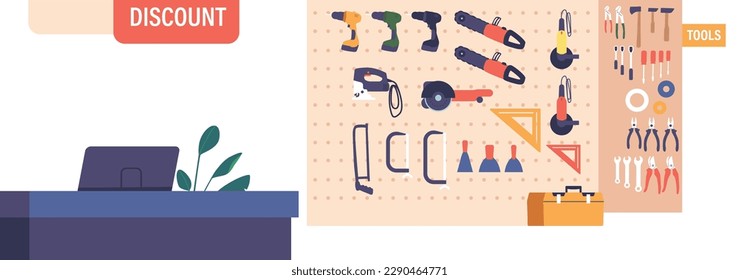 Tool Shop Interior with Cashier Desk and Rows Of Tools Neatly Arranged On Shelf, Creating Sense Of Order And Efficiency