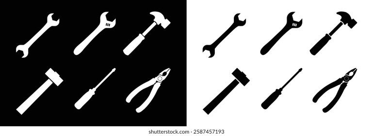 Tool Silhouette Icons Set – Wrench, Hammer, Screwdriver, Pliers, Mallet – Black and White Vector