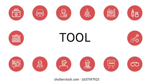 tool simple icons set. Contains such icons as First aid kit, Goggles, Craftsman, Paint brush, Design, Syringe, Searching, Doctor, Painter, can be used for web, mobile and logo