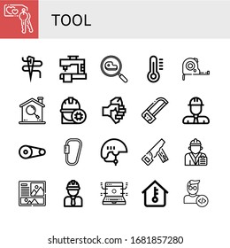 tool simple icons set. Contains such icons as Key, Needle, Sewing machine, Search, Thermometer, Measuring tape, Engineer, Axe, Saw, Pulley, can be used for web, mobile and logo
