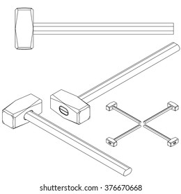 tool sledgehammer / big hammer / maul / beetle line drawing isometric set