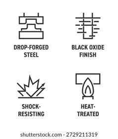 Ferramenta de aços características ícones conjunto - tratado termicamente, resistente a choques, acabamento óxido preto, Drop-forged. Pictogramas para rotulagem ou utilização em linha a negrito