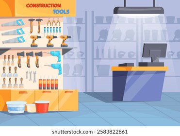 Tool store interior. Hardware shop room, repair market showcase and shelf with construction tools for builder work improvement instruments retail, cartoon neat vector illustration original artwork