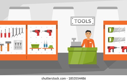 Tool store interior. Includes drills, hammers, screwdrivers and other equipment.