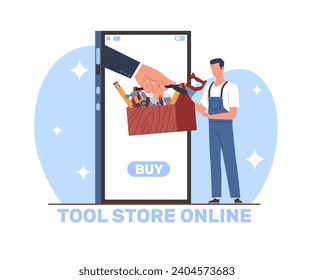 Tool store online, hand holds out toolbox to employee. Huge smartphone screen. Internet shopping. Salesman and craftsman buying construction equipment. Cartoon isolated vector concept