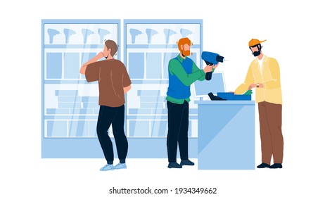 Tool Store Selling Instruments For Repair Vector. Clients Man Choosing Electric Hand-held Power Device In Tool Store. Characters Customers In Hardware Construction Shop Flat Cartoon Illustration