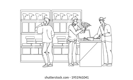 Tool Store Selling Instruments For Repair Black Line Pencil Drawing Vector. Clients Man Choosing Electric Hand-held Power Device In Tool Store. Characters Customers In Hardware Construction Shop 