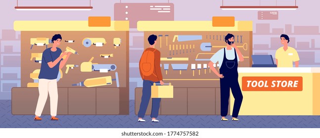 Tool store. Working tools, hardware construction repair instrument. Salesman and customers, repairman builder and worker vector illustration