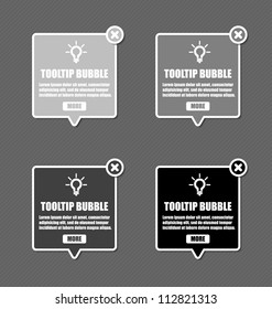 Tool tip design elements with lightbulb and closing cross in shades of grey color