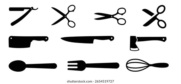 Siluetas de herramientas y utensilios: conjunto de tijeras, cuchillos y equipos de cocina con iconos de Vector