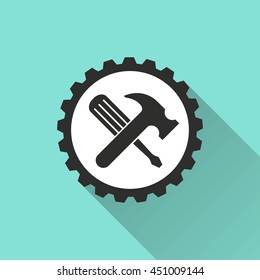 Tool vector icon with long shadow. White illustration isolated on green background for graphic and web design.