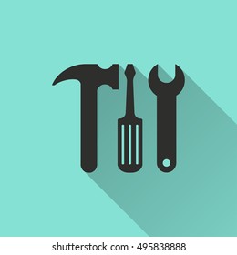 Tool vector icon with long shadow. black Illustration isolated on green background for graphic and web design.