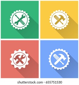 Tool vector icon with long shadow. White illustration isolated on color background for graphic and web design.