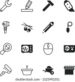 tool vector icon set such as: precision tool, magnifying, dish, lunch, pin, distance, metallic, ruler, bolts, china, pan, calipers, asian, glass, saucepan, stainless, spool, job, kitchenware, zoom