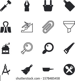 tool vector icon set such as: production, bottle, dining, improvement, steak, contractor, plan, carpentry, funnel, conversion, surface, factory, nib, flatware, cutting, experiment, supplies, document