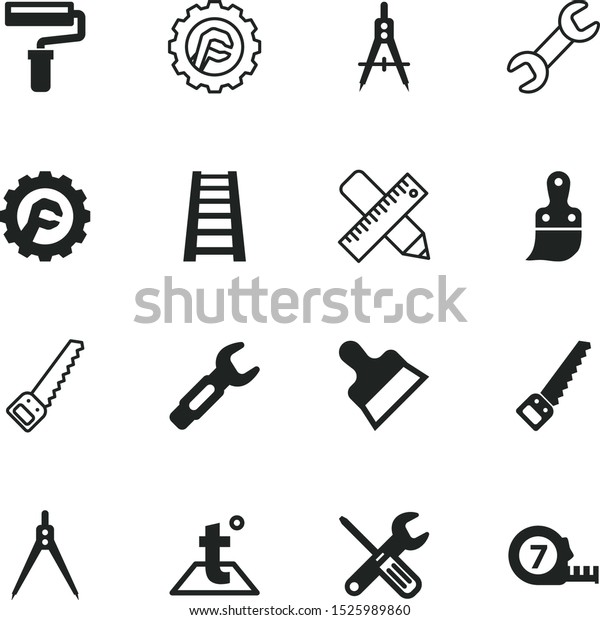 tool vector icon set such as: worker, drawing\
accessories, divider, long, health, pencil, down, roulette, paint\
brush fluting, carpenter, plastering, clip, centimeter, sun,\
measuring, thermometer
