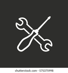 Tool vector icon. White illustration isolated on black background for graphic and web design.