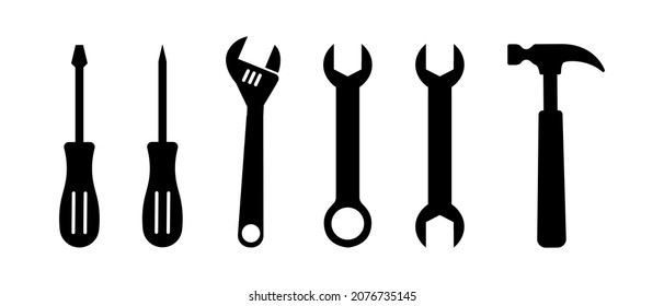 Tool vector icons set. Instrument collection. Hammer, screwdriver and wrench symbol