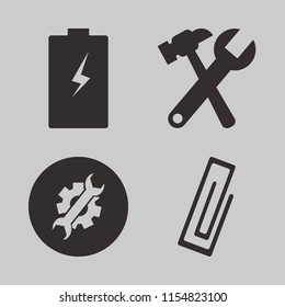tool vector icons set. with paper clip, wrench hammer, wrench gear and battery in set