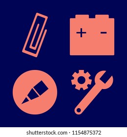 tool vector icons set. with paper clip, wrench gear, car battery and pencil in set