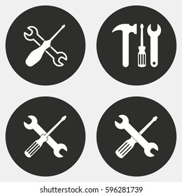 Tool-Vektorsymbole gesetzt. Weiße Illustration einzeln für Grafik- und Webdesign.