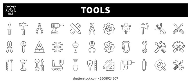 Tool vector icons. Tools for worker vector outline icon set. Equipment and construction icons