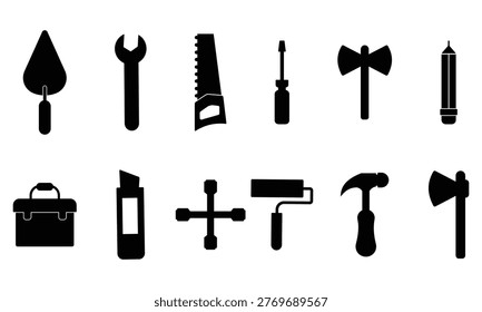 Tool vector silhouette. Tools and Service icons set. Line icons of repair, wrench, screwdriver, hammer, saw, drill and more. Screwdriver and wrench glyph icon. Vector illustration.