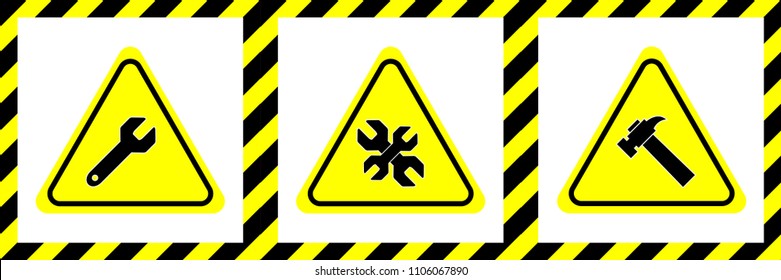 tool warning yellow signs, symbol, icons tools, prohibition sign. vector illustration eps10.