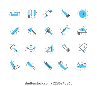 Tool for wood old color icons set. Collection of graphic elements for website. Carpenters inventory for woodworking and board production. Cartoon flat vector illustrations isolated on white background