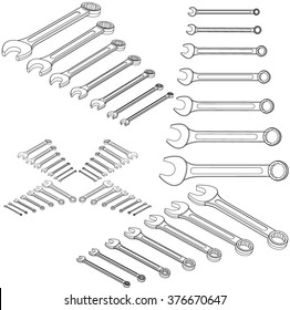 tool wrench set line drawing isometric set