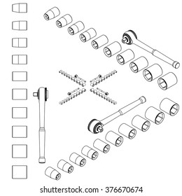 tool wrench set line drawing isometric 