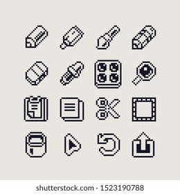 Toolbar elements, tools pixel art icon set, pencil, brush, palette, magnifier, scissors, fill, eraser isolated vector illustration. 1-bit sprite. Design for stickers, stamp, web, logo shop, mobile app