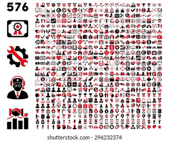 Toolbar Icon Set. 576 flat bicolor icons use intensive red and black colors. Vector images are isolated on a white background.