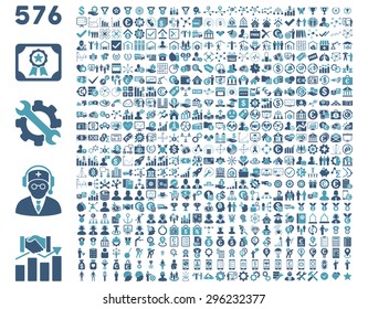 Toolbar Icon Set. 576 flat bicolor icons use cyan and blue colors. Vector images are isolated on a white background.