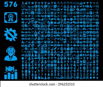 Toolbar Icon Set. 576 flat icons use blue color. Vector images are isolated on a black background.