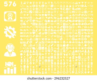 Toolbar Icon Set. 576 flat icons use white color. Vector images are isolated on a yellow background.
