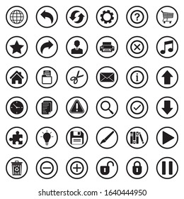 Toolbar Icons. Black Flat Design In Circle. Vector Illustration.