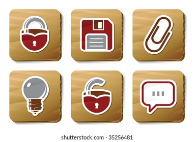 Toolbar and Interface icons. Vector icon set. Three color icons on cardboard tags.