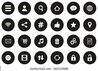 Toolbar & Menu Icons White On Black Flat Design Circle Set Big