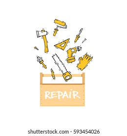 Toolbox. Building, construction and home repair tools. Instruments, engineering, industry equipments, painting. Hand drawn vintage style. Flat design vector illustration.