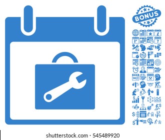 Toolbox Calendar Day icon with bonus calendar and time management clip art. Vector illustration style is flat iconic symbols, cobalt, white background.