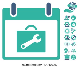 Toolbox Calendar Day icon with bonus settings icon set. Vector illustration style is flat iconic symbols, cobalt and cyan, white background.