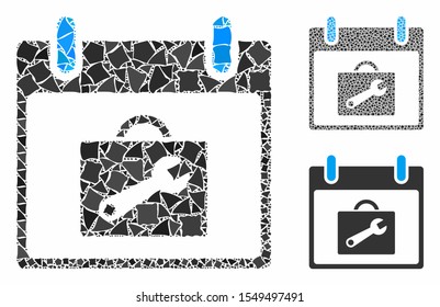 Toolbox calendar day mosaic of irregular parts in various sizes and color tints, based on toolbox calendar day icon. Vector uneven parts are grouped into mosaic.