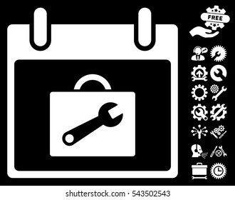 Toolbox Calendar Day pictograph with bonus configuration symbols. Vector illustration style is flat iconic symbols, white, black background.