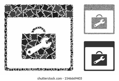 Toolbox calendar page composition of uneven elements in various sizes and color tints, based on toolbox calendar page icon. Vector tuberous parts are grouped into composition.