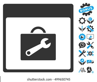 Toolbox Calendar Page icon with bonus tools graphic icons. Vector illustration style is flat iconic symbols, blue and gray, white background.