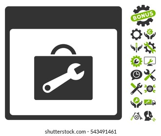 Toolbox Calendar Page icon with bonus tools icon set. Vector illustration style is flat iconic symbols, eco green and gray, white background.